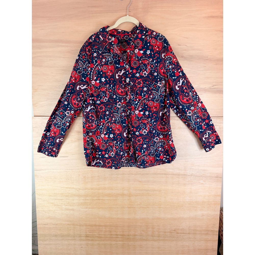 Talbots Womens XL Red Navy Blue Paisley Floral Button Down Cotton Shirt Blouse